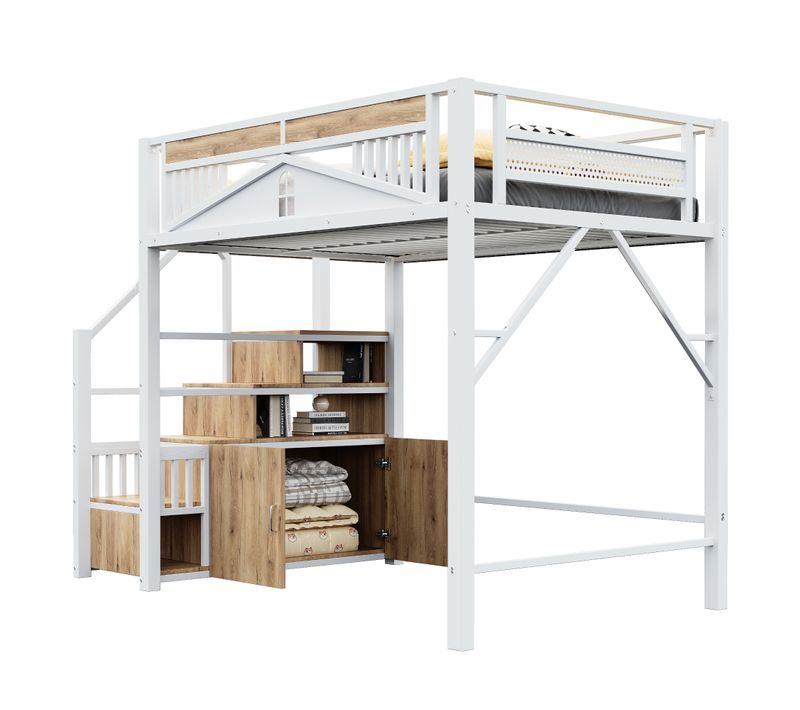 Lit Mezzanine 140x200 Cm Avec Structure En Métal Et Espace De Rangement