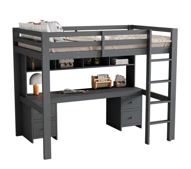 Lit Mezzanine 90x200 Cm Avec Espace De Rangement Et Bureau Intégré Gris