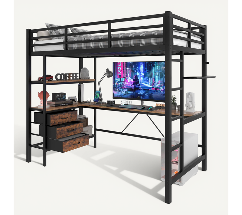 Lit Mezzanine 90x200 Cm Avec Bureau Et éclairage LED
