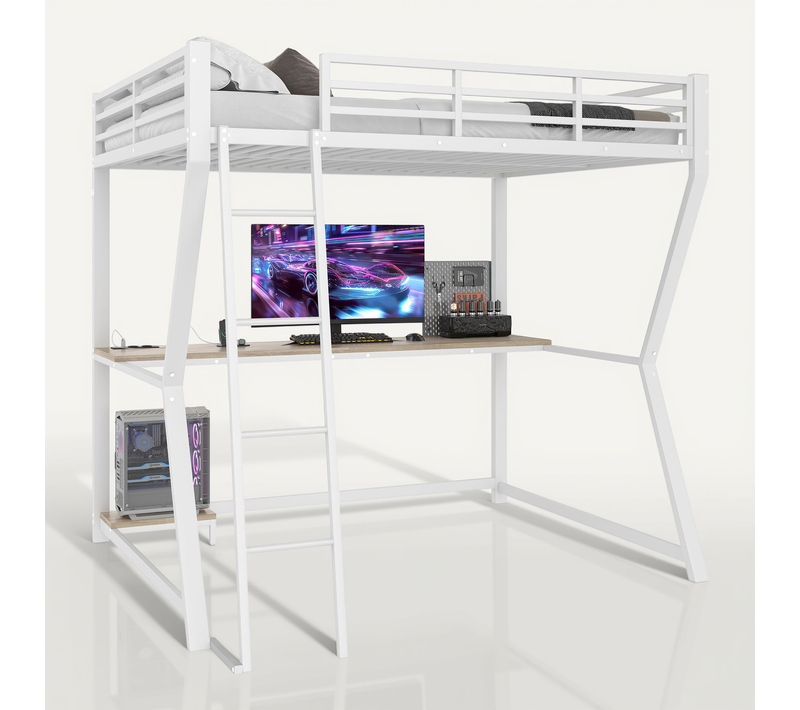 Lit Mezzanine 140x200 Cm Avec Bureau Et éclairage LED Intégré