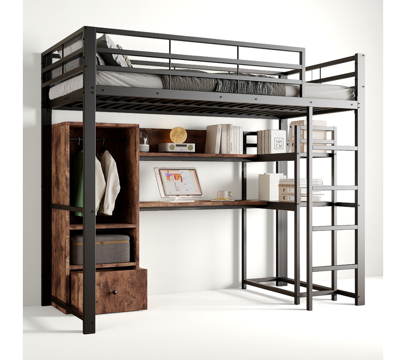 Lit Mezzanine 140x200 Cm En Métal Avec Bureau Et éclairage LED