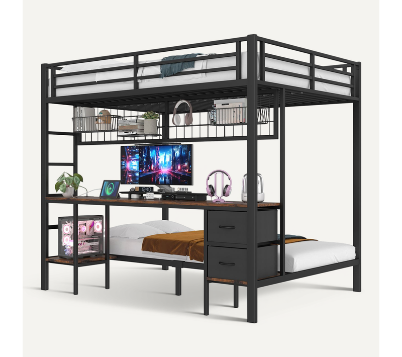 Lit Mezzanine 140x200 Cm Avec Structure En Métal Et Rangement Pratique