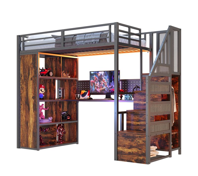 Lit Mezzanine 90x200 Cm Avec Structure Métal Et Bois Noir