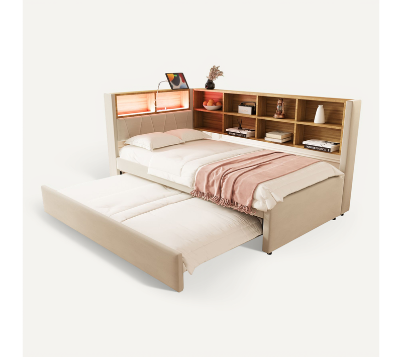 Canapé-lit 90x200 Cm Avec Lit Gigogne 90x190 Cm Tissu Beige