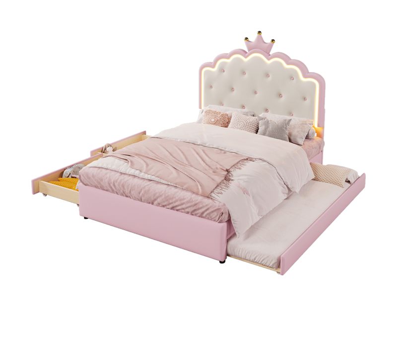 Lit Gigogne 140x200 Cm Avec  Sommier à Lattes éclairage LED Rose