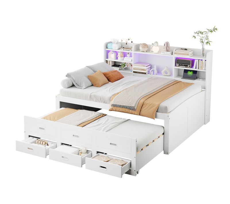 Lit Double 140x200 Cm Avec Lit Gigogne Blanc