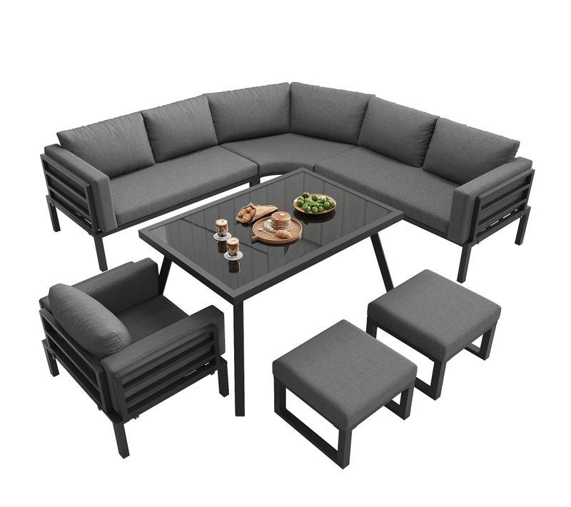 Salon De Jardin 8 Places Avec Structure En Acier Et Coussins Gris