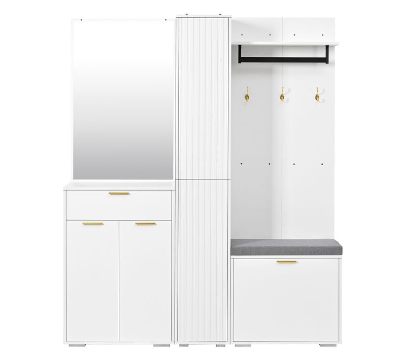 Ensemble De Penderie 150 Cm Avec Miroir, Banc Et Rangement à Chaussures Basculant Blanc