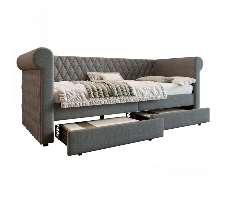 Lit Simple 90x200 Cm Avec Structure Avec 2 Tiroirs Tissu Gris