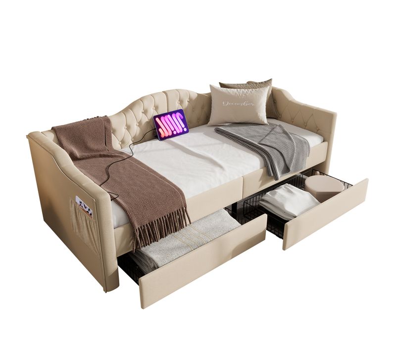 Lit Rembourré 90x200 Cm Avec 2 Tiroirs De Rangement En Velours Beige