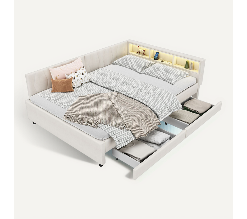 Lit Rembourré 140x200 Cm Avec Structure En Mdf Tissu Beige