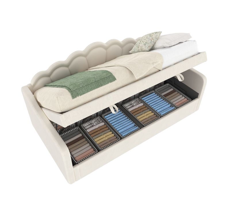 Lit Coffre 90x200 Cm Avec Structure à Relevage Hydraulique En Velours Beige