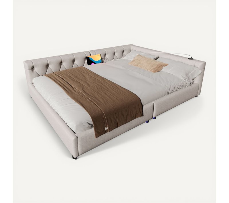 Lit Rembourré 140x200 Cm Avec Sommier à Lattes Tête De Lit Boutonnée Beige