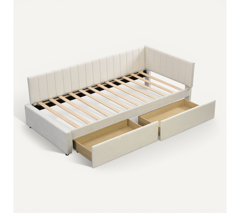 Lit Simple 90x200 Cm Avec 2 Tiroirs De Rangement Tissu Beige