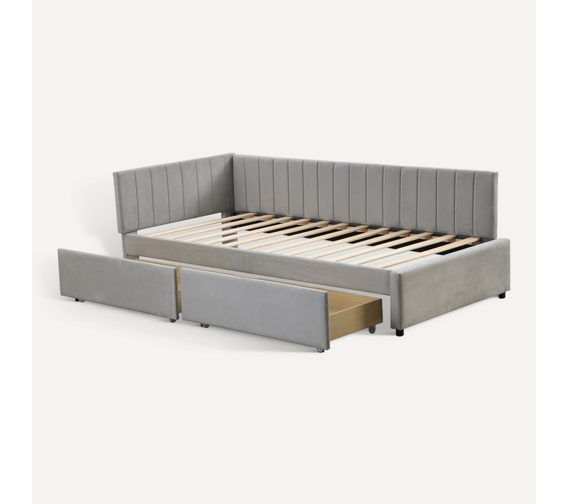Lit Simple 90x200 Cm Avec 2 Tiroirs De Rangement Tissu Gris