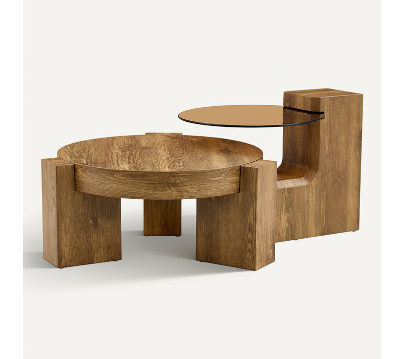 Set De Tables Basses Rondes Avec Verre De Sécurité Teinté Brun Et Structure En Mdf