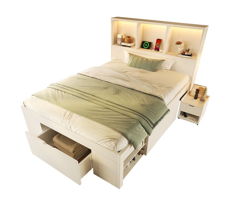 Lit Simple 90x200 Cm Avec Tiroir De Rangement Et Chevet Mobile Blanc