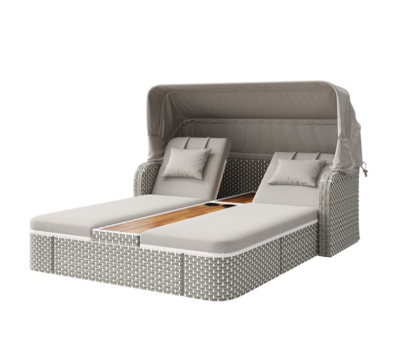 Lounge De Jardin 2 Personnes 192 Cm En Pe Rattan Avec Voile D’ombrage Pliable Gris