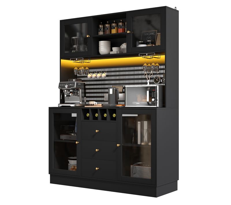 Buffet Haut Noir 140 X 40 X 185,7 Cm Avec LED Et Rangements Verres
