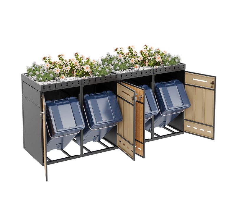 Cache-poubelles 4 Bacs 120–240 L Avec Structure En Acier Et Bac à Plantes, Gris Bois