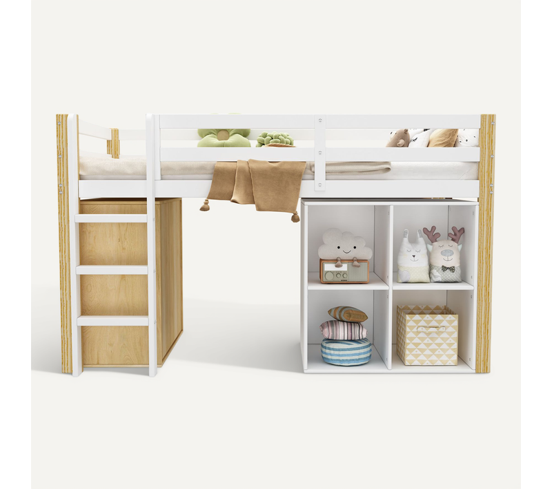 Lit Mezzanine 90x200 Cm Avec Structure En Bois Massif Naturel Et Blanc