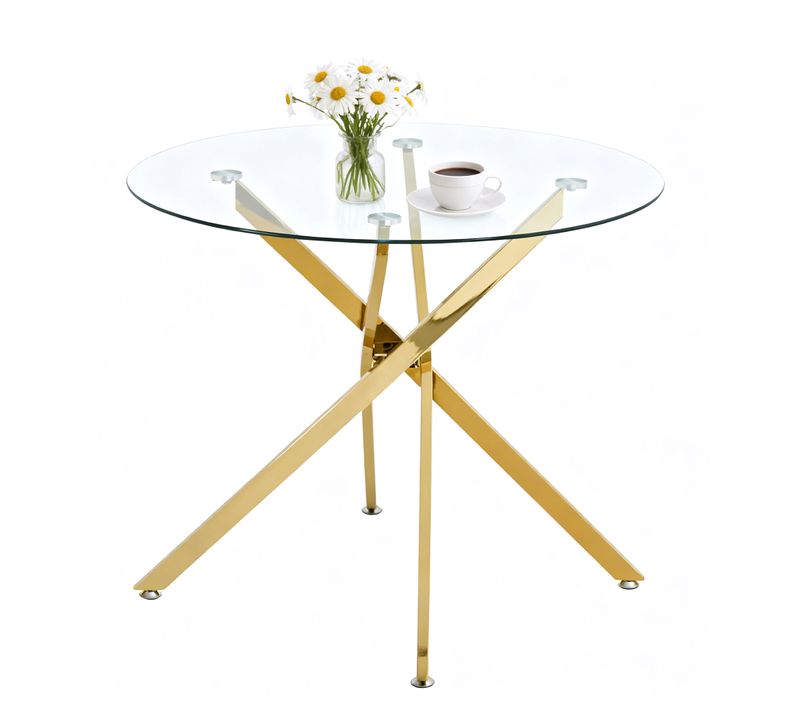Table à Manger Ronde Dorée Avec Plateau En Verre Trempé Pour 2 à 4 Personnes