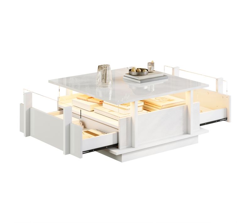 Table Basse Carrée 70x70 Cm Avec 2 Tiroirs Et Éclairage LED Blanc Brillant