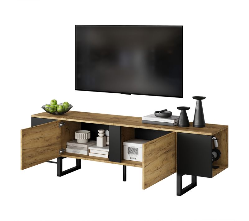Meuble TV Coloris Bois Naturel Et Noir 180 X 40 X 55 Cm Pour Téléviseur 75 Pouces
