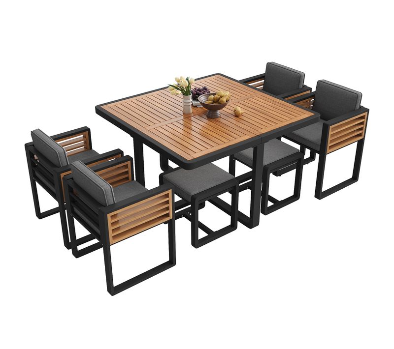 Salon De Jardin 6 Places Avec Table 113x113 Cm, Structure Métal, Gris