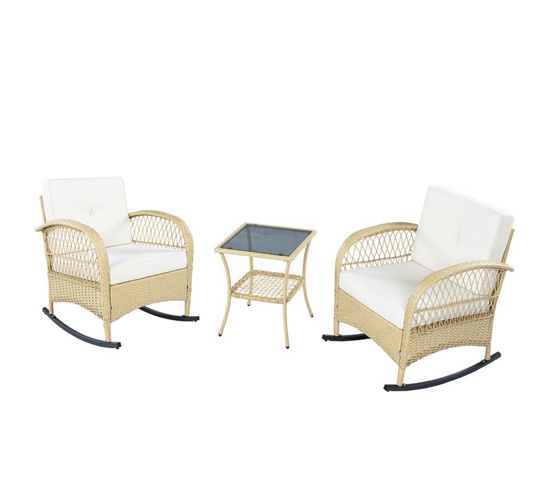 Salon De Jardin 3 Pièces Avec 2 Fauteuils à Bascule Et Table En Verre Trempé Beige