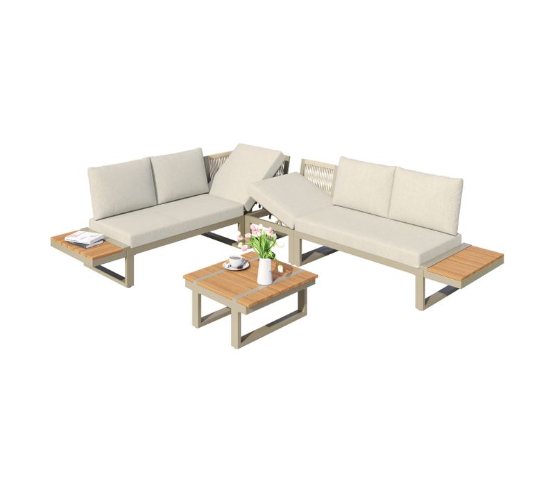 Salon De Jardin Modulable Beige Avec Structure En Acier Galvanisé Et Table Basse