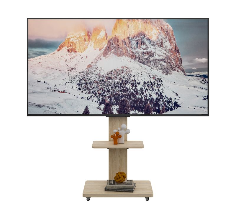 Support TV Mobile 32 à 75 Pouces Avec Étagères Réglables Finition Bois Naturel