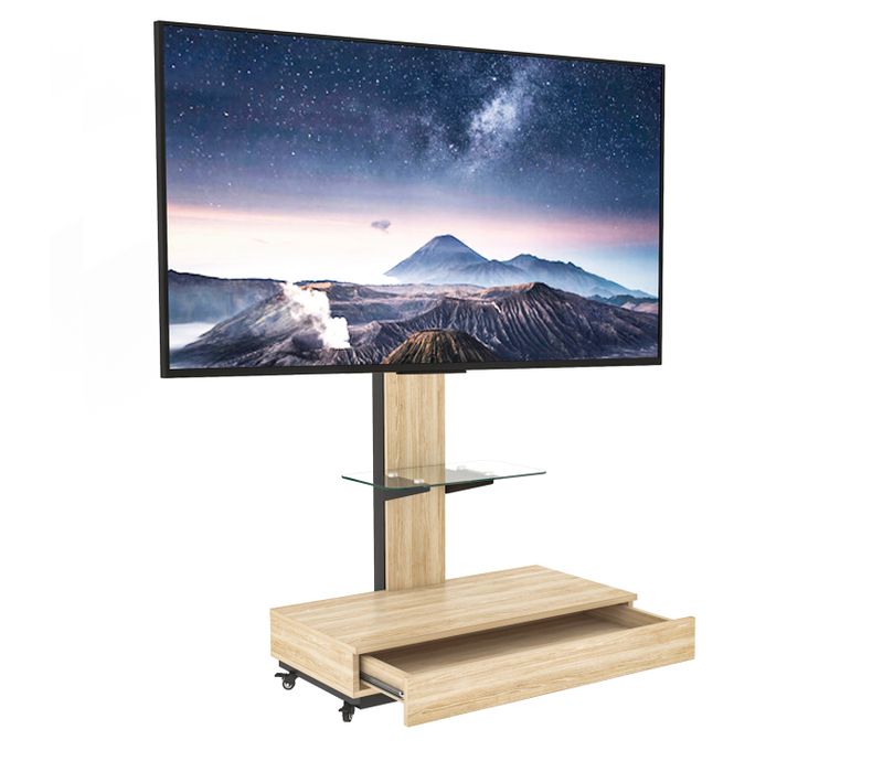 Support TV Mobile 32 à 75 Pouces Avec Tablette En Verre Trempé Finition Bois Naturel