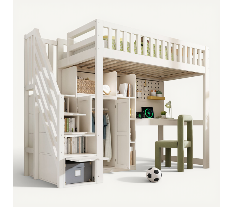 Lit Mezzanine 90x200 Cm Avec Bureau Et Rangements Blanc