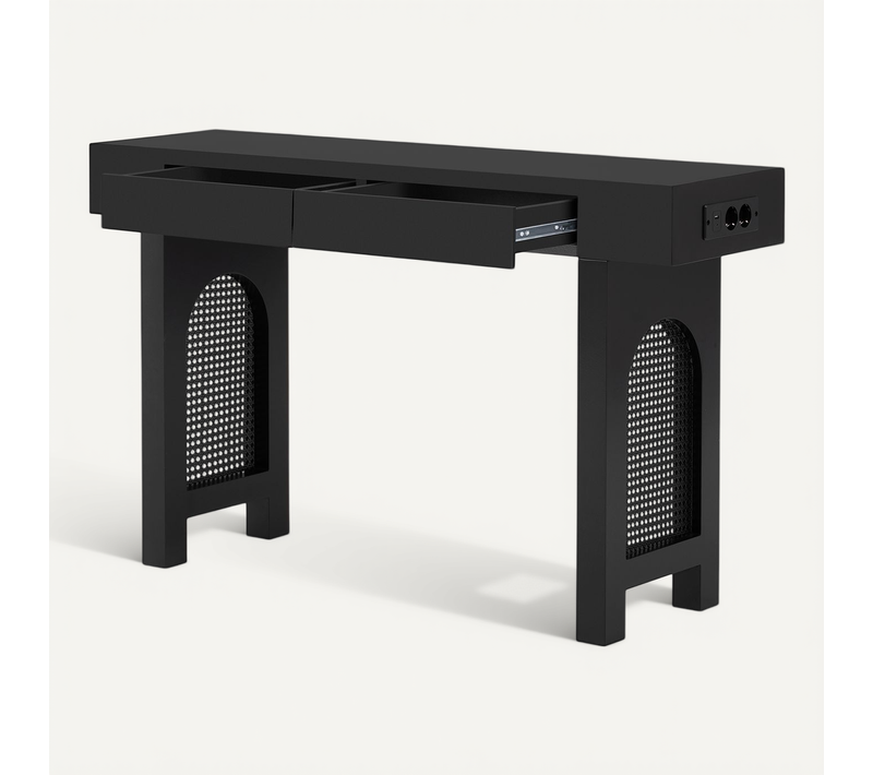 Console 120 Cm Avec 2 Tiroirs Et Prises Intégrées Noir