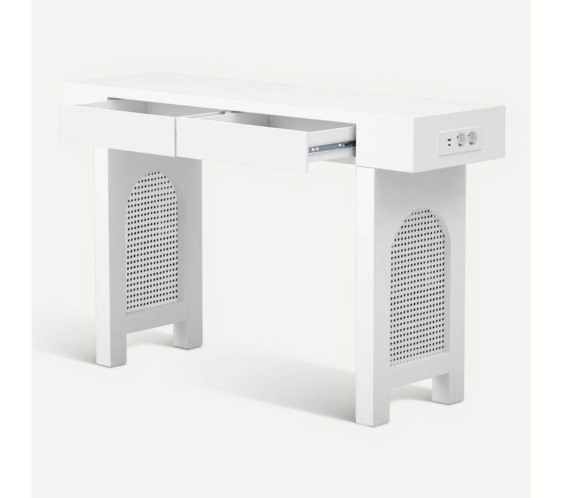 Console 120 Cm Avec 2 Tiroirs Et Prises Intégrées Blanche