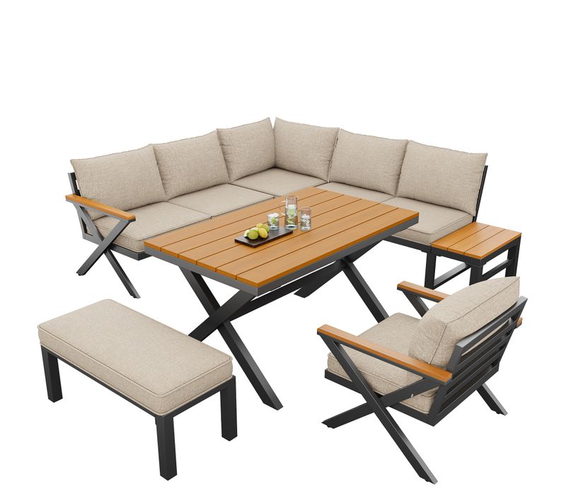 Salon De Jardin Modulable Avec Structure En Fer, Style X Beige