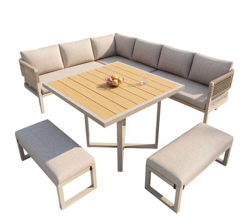 Salon De Jardin Avec Table 80x80 Cm En Métal Et Bois Plastique, Beige