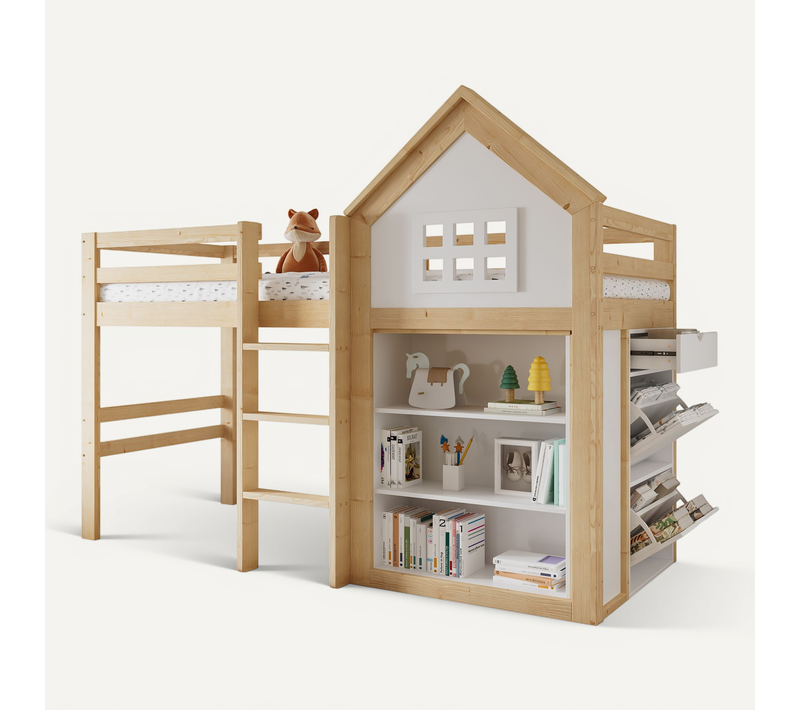 Lit Mezzanine 90x200 Cm Avec Rangements Blanc Et Naturel