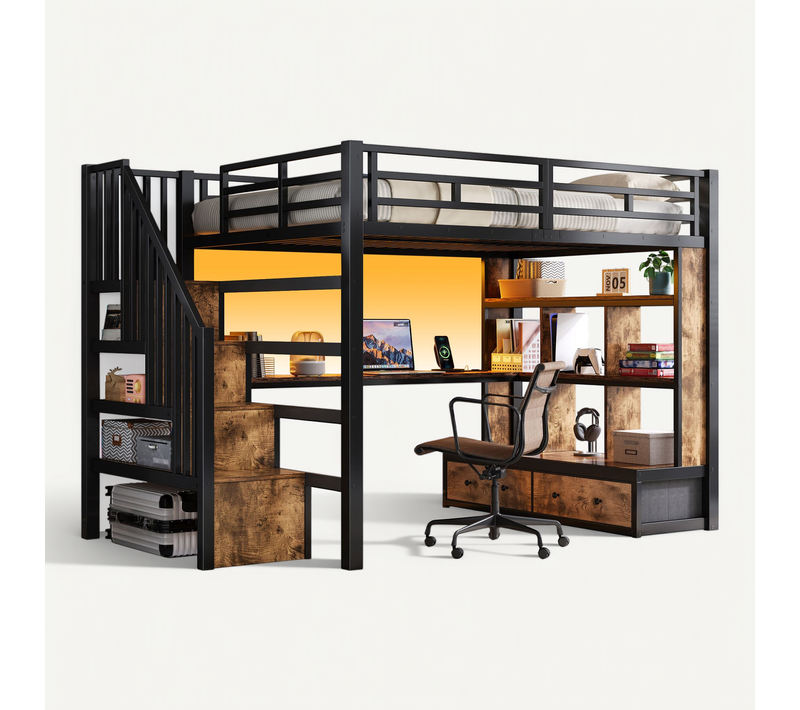 Lit Mezzanine 140x200 Cm Avec Bureau Et Rangements Noir