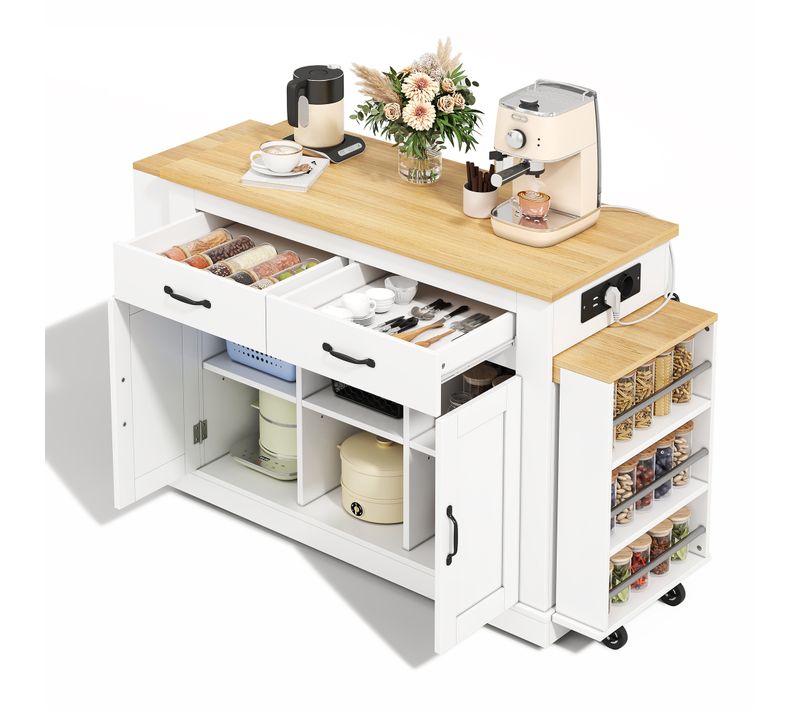 Îlot De Cuisine Blanc Avec Plateaux Extensibles 142-340 Cm Et Prises