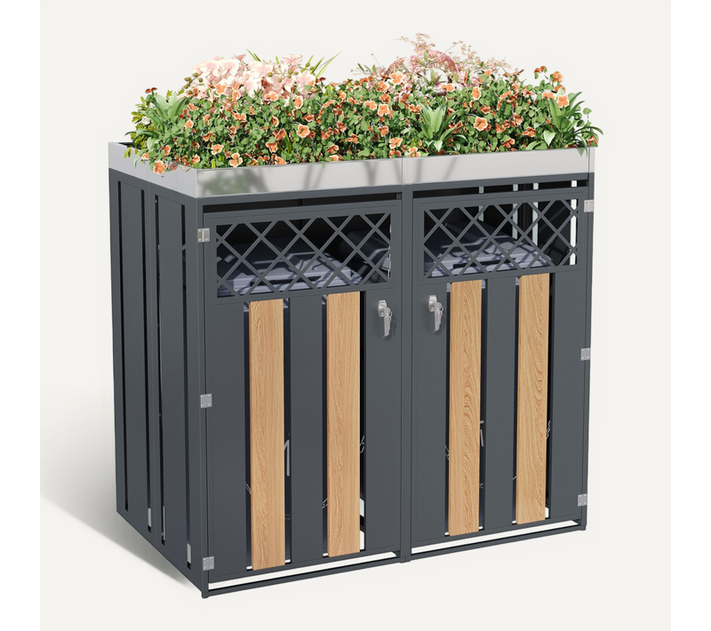 Meuble Cache-poubelles 2 Compartiments Avec Bac à Plantes Intégré, Acier Galvanisé
