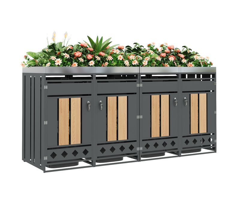 Abri Pour Poubelles 4 Compartiments Avec Bac à Plantes Intégré, Acier Gris Effet Bois