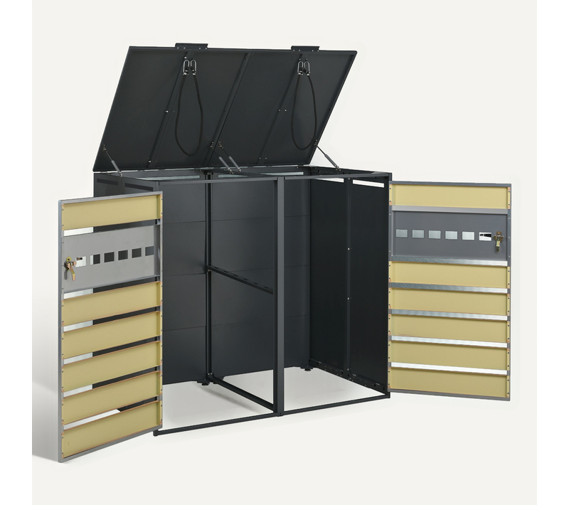 Coffre Cache-poubelles 2 Bacs Avec Cadre En Acier Galvanisé Et Finition Gris Bois
