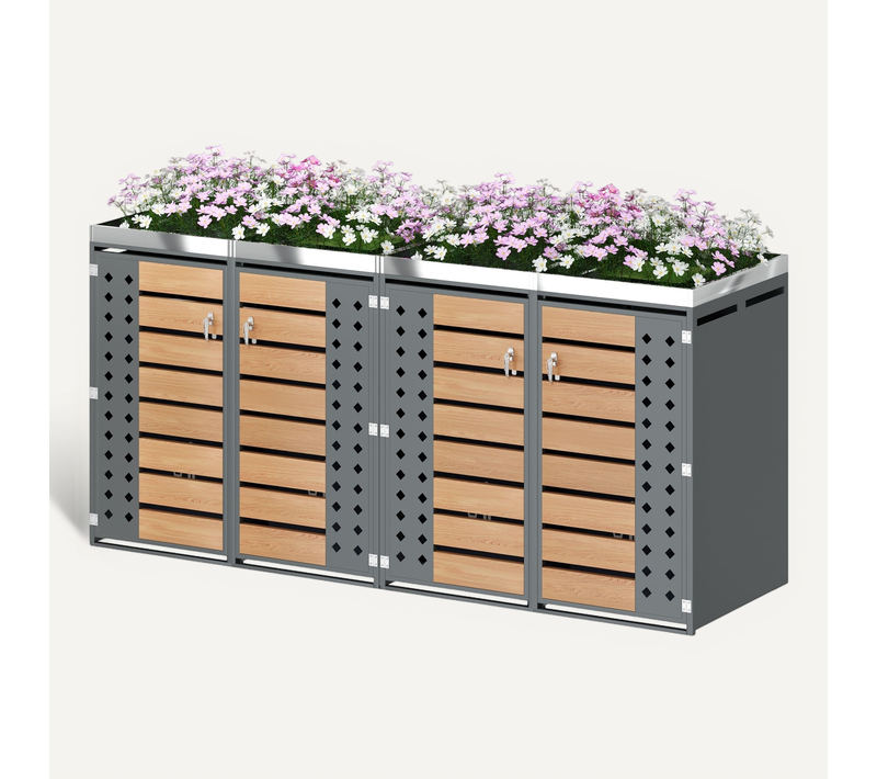 Meuble Cache-poubelles 4 Bacs Avec Structure En Acier Et Jardinière