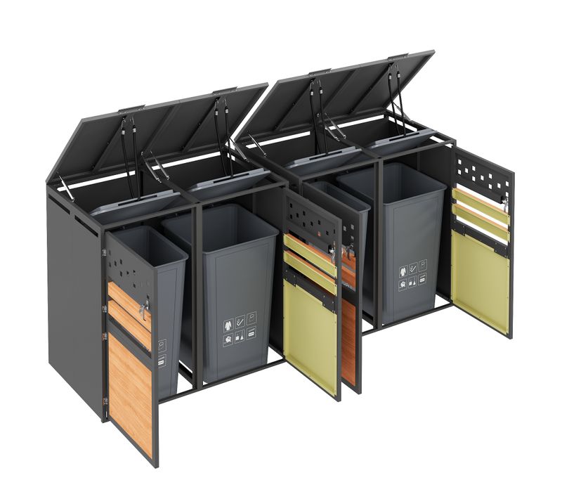 Armoire Cache-poubelles 4 Compartiments Avec Couvercle Hydraulique Et Portes Verrouillables Grise