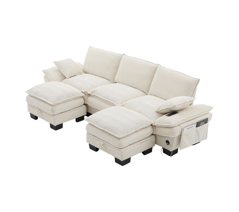Canapé Compressé Modulable Beige 260 Cm Avec 2 Poufs Pour Salon