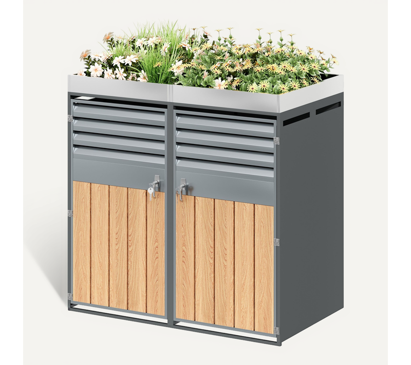 Meuble Cache-poubelles 2 Compartiments Avec Jardinière Intégrée Design Lamelles