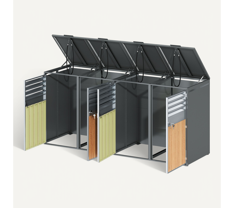 Meuble Cache-poubelles 4 Compartiments Avec Couvercle à Ouverture Hydraulique Gris Effet Bois