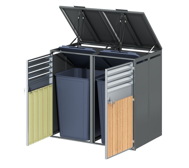 Abri Poubelles 2 Bacs Avec Couvercle Hydraulique Verrouillable Gris Et Bois